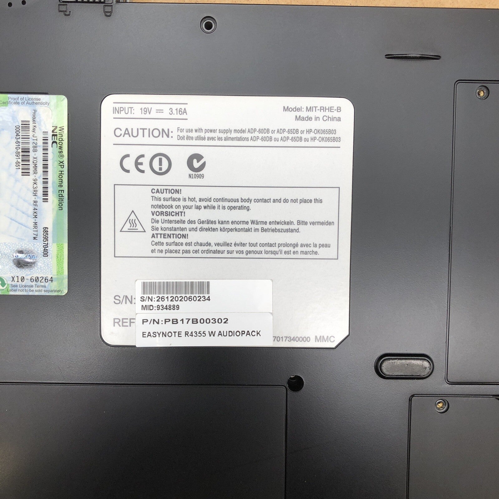 Plasturgie - Packard Bell Easynote MIT-RHE-B
