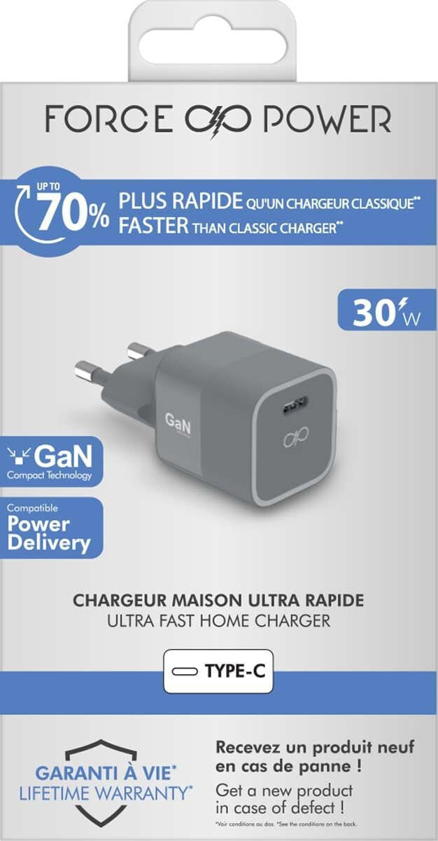 Chargeur Secteur GaN 30W Force Power, USB C Power Delivery, Garantie à Vie
