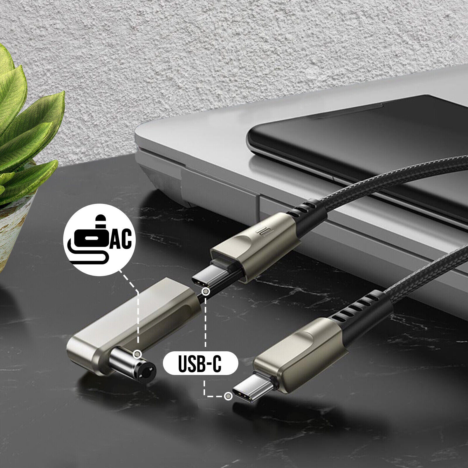 Câble USB-C / USB-C + Prise AC 5.5*2.5mm 100W Charge Rapide Nylon 2m Baseus Noir