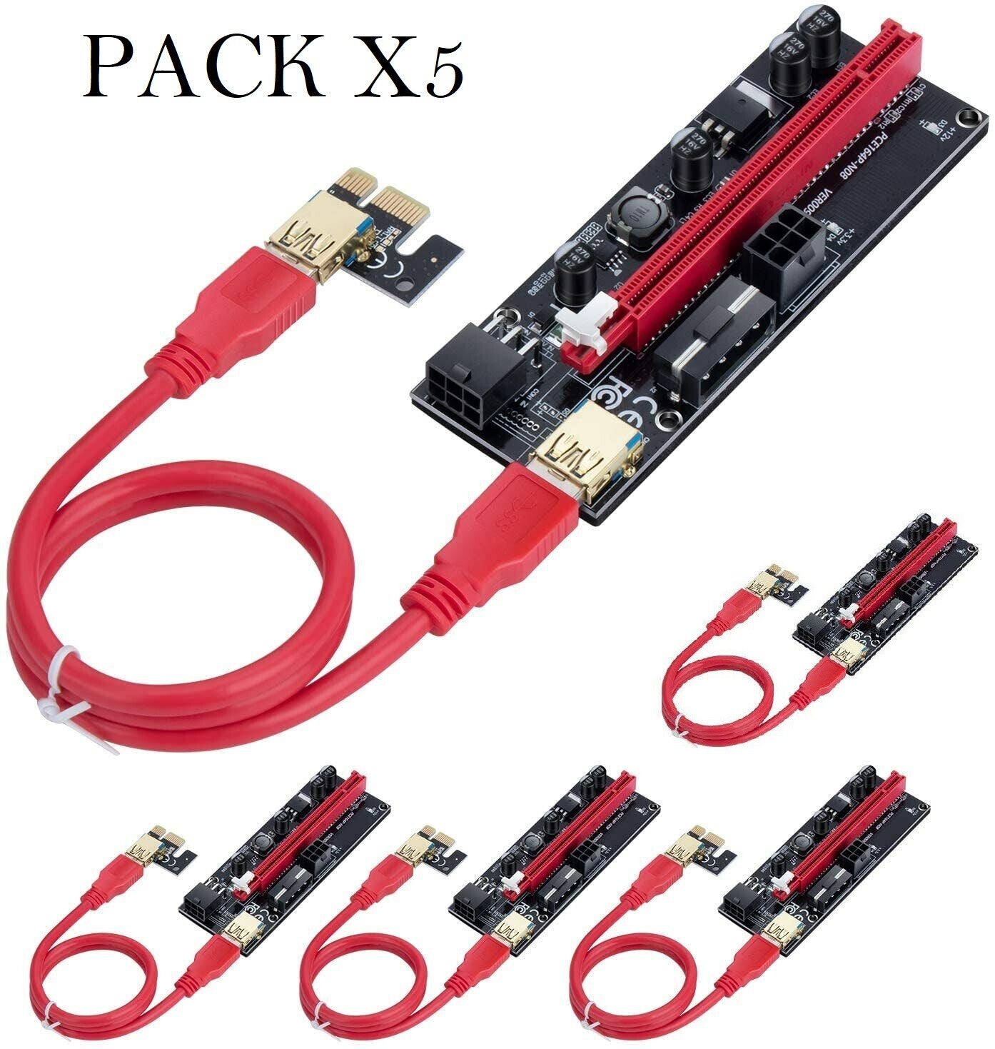 Pack de 5 Riser PCIE VER009S Adaptateur PCI-E PCIe 1x à 16x crypto minage - NEUF