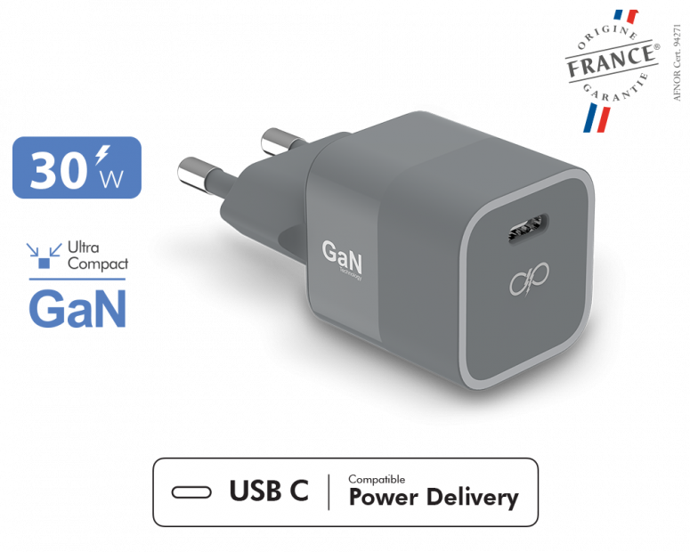Chargeur Secteur GaN 30W Force Power, USB C Power Delivery, Garantie à Vie